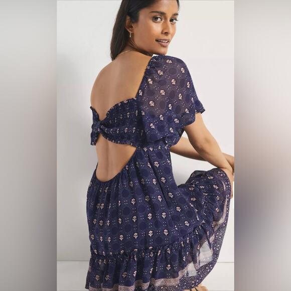 Maeve Anthropologie Smocked Tunic Mini Dress -Blue - Picture 4 of 6